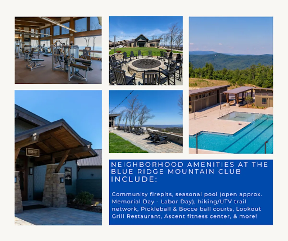 A vibrant exterior scene showcasing multiple resort amenities including a fitness center with large windows, a pool with lounge seating, a fire pit gathering area, and the exterior of a community restaurant. The landscape is beautifully manicured, with mountain views in the background and people partaking in various activities like exercising, swimming, dining, and playing games.